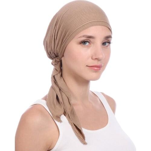 Muslim Fashion Women Solid Color Hijab Caps Long Tail Turban Bonnet Cotton Turbante Head Wrap Ladies Chemo Cap Hair Loss Bandana