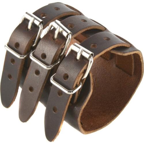 HZMAN Mens Leather Wide Triple Strap Cuff Wrap Gauntlet Wristband Buckle Fastening Arm Armor Cuff