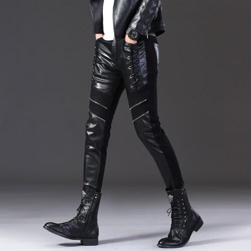 2021 Mens Slim-Fit Leather Pants Teen Trend Semi-Leather Pants Fashion Stitching Skinny Leather Pants