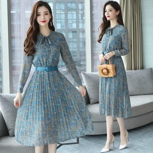 NEW ! Floral Print Blue Fairy Pleated Dress Autumn Spring Female Elegant Lady Dress Vintage Long Sleeve Korean Runway Vestidos
