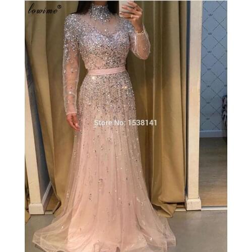 New Gorgeous Sequins Prom Dresses Long Sleeves High Neck Beads Evening Gowns Elegant Vestidos De Fiesta Wedding Party Dresses
