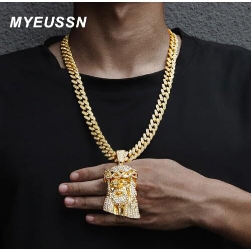 Huge Jesus Pendant Necklace Men Ice Out Paved Full Shining Crystal Jesus Head Face Gold Color Charm Necklace Hip Hop Jewelry