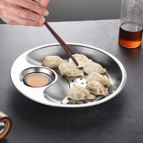 Stainless Steel Serving Dishes Round Plate Dumpling Plate Sturdy Multifunctional Cake Tray Drain Basket for Dumpling