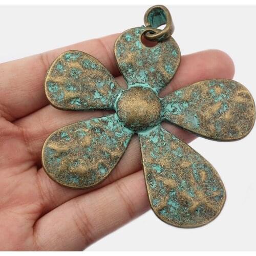 2pcs Tibetan Silver/Verdigris Patina Hammered Craft Large Flower Charms Pendant For Necklace Jewelry Making Findings 61*71mm