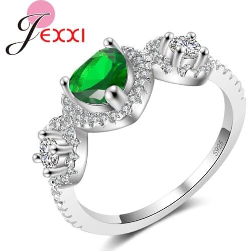 Simple Fashion Green Heart Crystal Engagement Proposal Rings Accessory 925 Sterling Silver Ring Bridal Wedding Jewelry