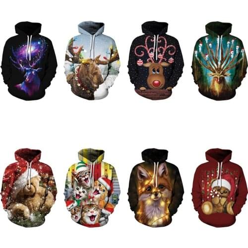 QNPQYX Christmas Hoodies Elk Animal Moose Print men Sweatshirts Santa Costume Fall Winter Coats Deer Hooded Pullover