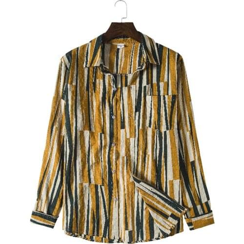 Casual Vintage Stripe Shirts Men Fashion Leisure Turn Down Collar Long Sleeved Top Blouses Shirts Formal Daily Wear Tops