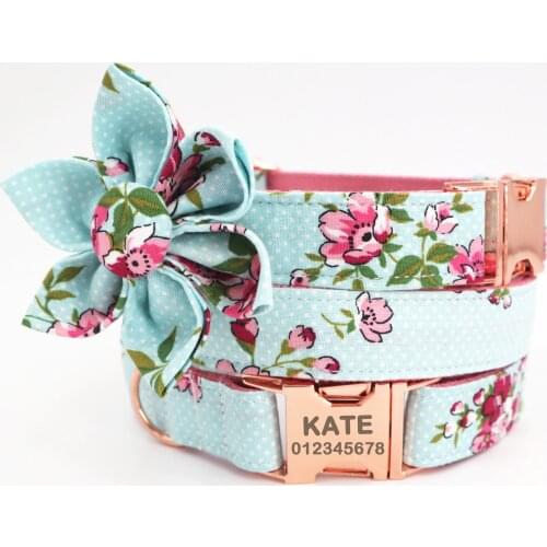 Blue floral girl dog collar dog flower and leash set for pet dog cat with rose gold metal buckle