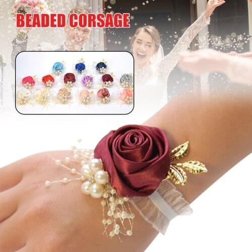 Bride Wrist Corsage Artificial Rose Flower Pearls Bracelet Elastic Rope Bridesmaid Wedding Corsage Bouquet Decor Bridal Prom