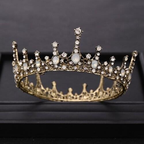 Vintage Baroque Crystal Round Queen Crown Wedding tiara Bridal Diadem Gold Color Headpiece Dress Party Wedding Hair Accessories