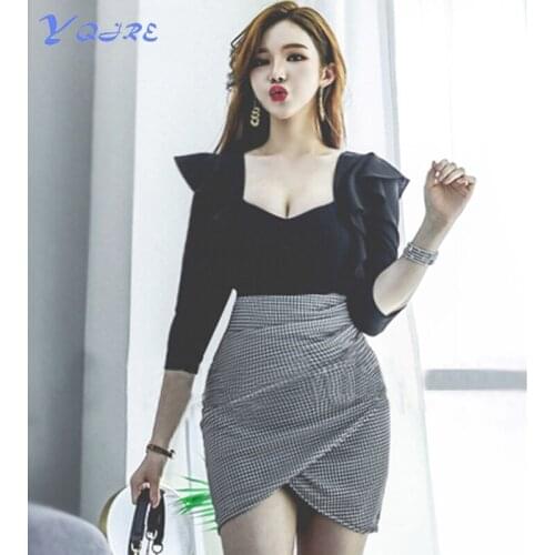 YQJRE New Womens Sexy Ruffle Party Long Sleeve Mini Folds Club Dress