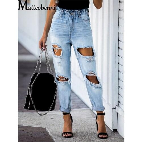 Women Ripped Skinny Hole Pencil Jeans Stretch Slim Party Casual Street Jean Pants 2021 Sexy High Waist Water Wash Denim Trousers