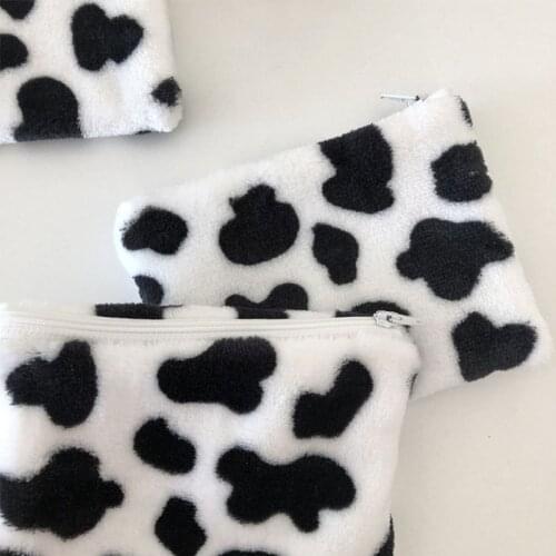 Women Cartoon Cow Pattern Plush Coin Card Key Wallet Pouch Mini Purse Zipper Small Change Bag