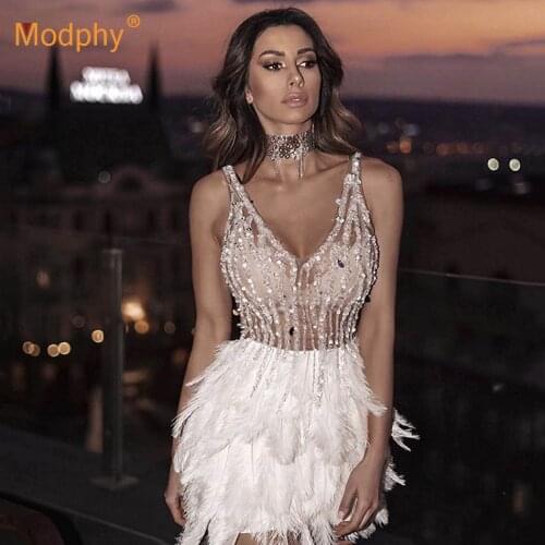 High Quality Fashion Womens Diamond Feather Dress Sexy Sleeveless Bodycon Mini Evening Party Dress Female 2020 Summer New
