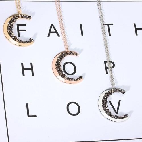 Crystal Moon Necklace Jewelry Gift for Women Planet Half Moon Pendant Charm Chain Necklace BH