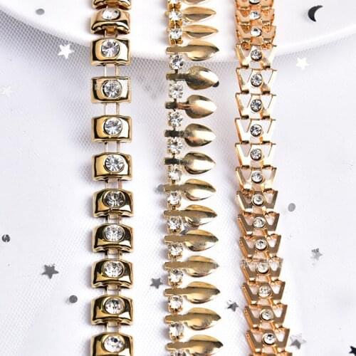 10yds Gold Metal Chain Ribbon Crystal Rhinestones Lace Trim Applique Sewing Clothing Collar Bags Wedding Decoration Accessories