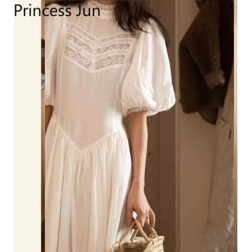 French Palace Retro Princess White Dress Fashion Holiday Big Puff Sleeve Party Dress Stand Collar Lace Slim A Line Midi Dress