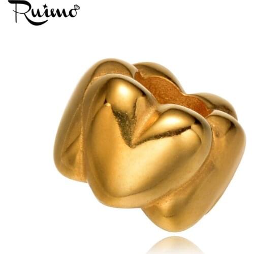 RUIMO 316l Stainless Steel Gold-color Heart Love Around European Big Hole Spacer Beads Charms Fit Bracelet Jewelry Making
