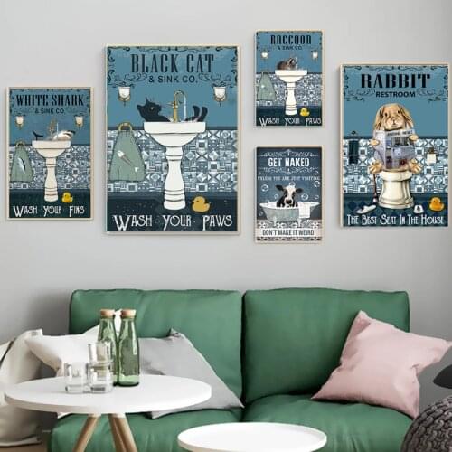 Black Cat Shark Rabbit Raccoon Bathroom Poster Get Naked Quote Print Wall Art Toilet Canvas Painting Pictures Room Wall Decor