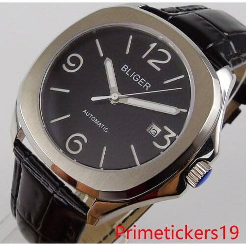BLIGER 40mm black dial automatic men wristwatch mingzhu 2813/miyota 8215 movement black leather strap