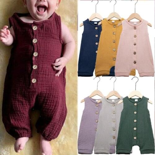 Baby Kid Boy Girl Cotton Linen Sleeveless Romper Summer Infant Single Breasted Solid Jumpsuit 0-12M