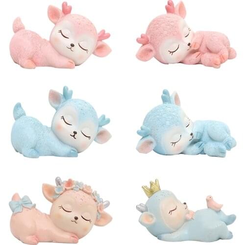 Deer Figurines Toys Resin Sleeping Baby Deer Cake Topper Decor Miniatures Fairy Birthday Party Desktop Elk Decoration Ornaments