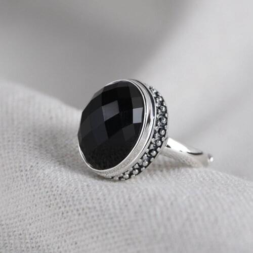 FNJ Black Agate Ring 925 Silver Adjustable Size 100% Original Real S925 Solid Silver Rings for Women Jewelry
