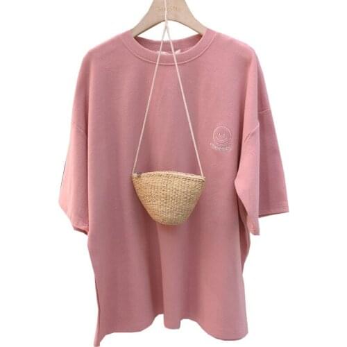 T Shirt Women New Embroidery Round Neck Smile Print Summer Korean Short-Sleeve T-shirt Female Loose Large Tops Vestidos WBX-W50