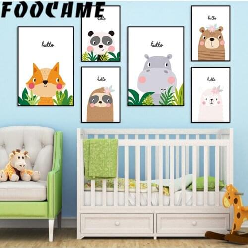 Canvas Painting Posters and Prints Nordic Style Kids Decoration Fox Hippo Panda Bear Plant Flower Nursery Room Art Wall Pictures