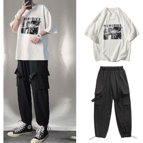 Summer Mens Half Sleeve O-neck T-shirt Safari Pants 2pcs Casual Sets Loose Print Black White N20