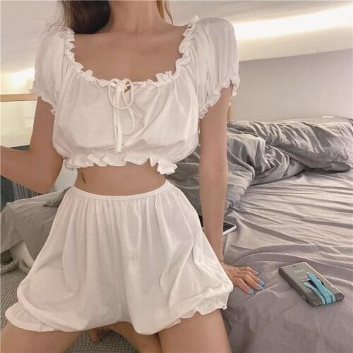 Kawaii Room Wear Women Summer Pajamas Set Sexy Lace Straps Sleepwear Cute Japanese Mini Top Shorts 2 Piece Set Girl Nightwear