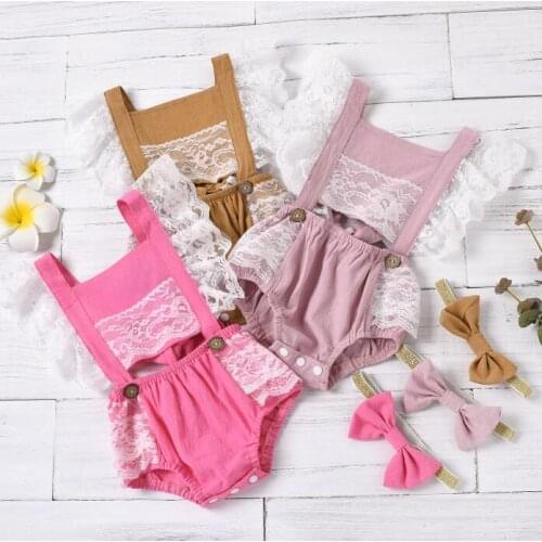 Summer Baby Girl Rompers Newborn Clothes Toddler Baby Girls Sleeveless Lace Design Splice Romper One-Pieces Jumpsuit Headband