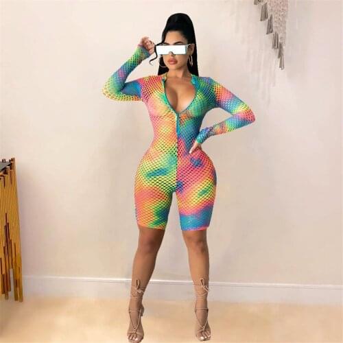 Summer trendy womens wear, sexy round neck, mesh tie-dye positioning printing, hollow jumpsuit