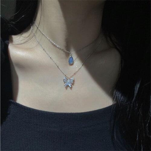 FFLACELL 2021 Fashion Punk Hip Hop Metal Double layer BlingBling Butterfly Necklace New Trend For Women Girls Party Jewelry Gift