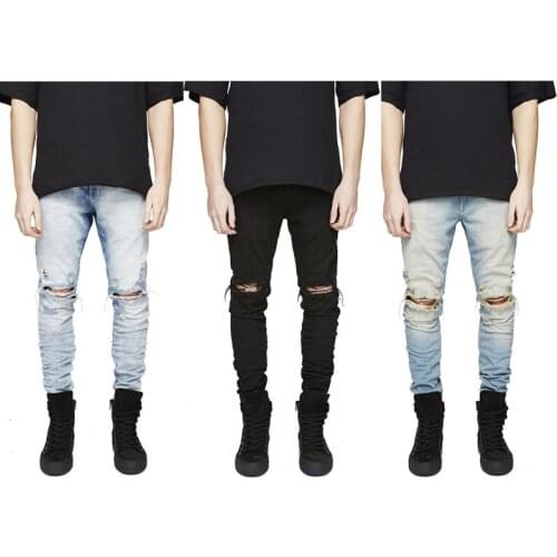 Fashion new 2016 original design ripped destroyed jeans jogger pants brand jeans luxury man street skinny hip hop Kanye West