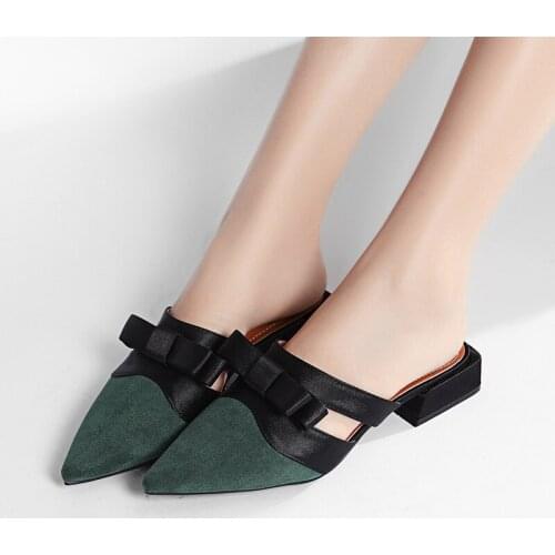 Cut out bow slippers women pointed toe soft flock summer slides shoes vintage green mules thick heel mixed color slippers 352