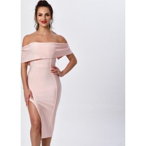 New Women Off Shoulder Overlay Pink Bandage Dress