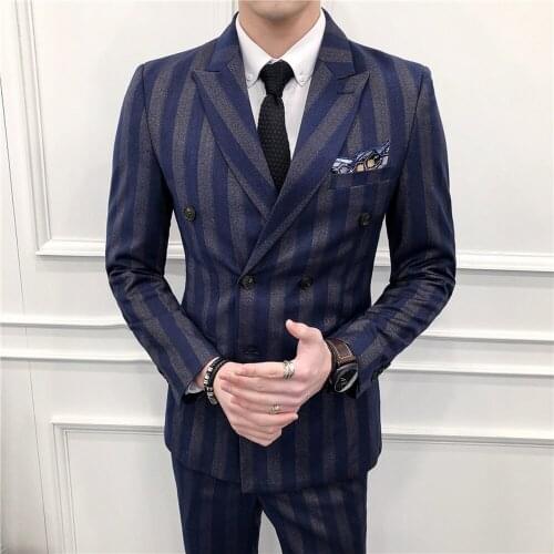 New Male Suit 3 Pieces Set Double Breasted Wedding Groom Stripe Blazers Pants Vest Men Wedding Jacket Coat Trousers Hot Sell