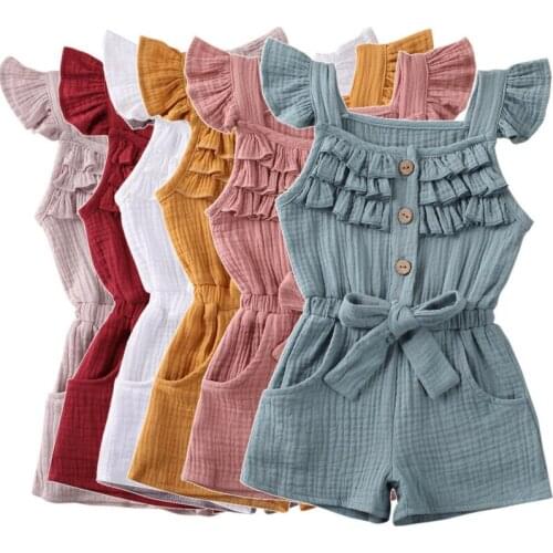 Toddler Baby Girl Clothes Fashion Solid Color Flying Sleeve Jumpsuit Linen Cotton Ribbed Elastic Waist Romper 6M-5T