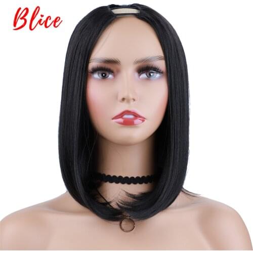 Blice 12 Inch Bob Short Natural Black U Part Silky Straight Hair Wig 130 Density Heat Resistant Synthetic Daily Wigs For Women