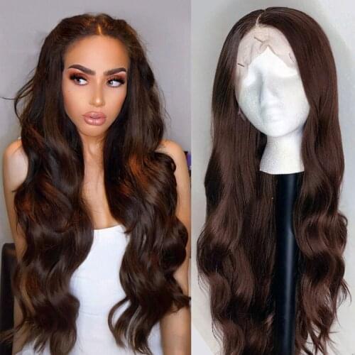 Dark Brown Body Wave Brown Lace Frontal Wigs Synthetic Hair Wig Chocolate Brown Wigs For Women Heat Resistant