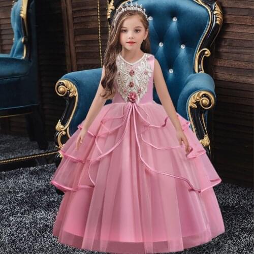 Kids Girls Embroidery Girl Dress Elegant Flower Party Wedding Clothing Princess Dress 4-14 Years