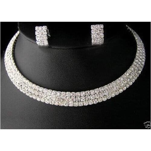 Prett Lovely Womens Wedding Jewelry Wedding Bride Crystal necklace Choker earring sets 5.23