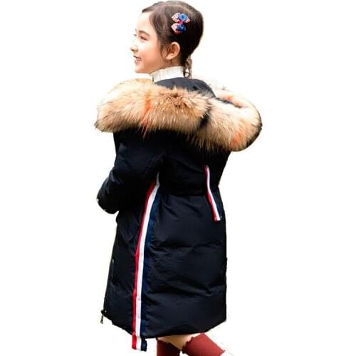 Girl down jacket Girl long windproof warm down jacket Girl long thickened cold down jacket Girls real fur collar down jacket