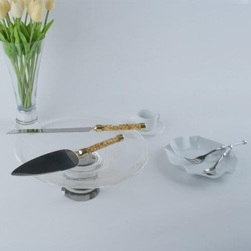 Wedding Cake Cutlery Set, Luxury Gold Foil Paper Decorated Handle, 1pc 8 inch Long Cake Knife & 1pc Cake Server, Gift-Box Packin