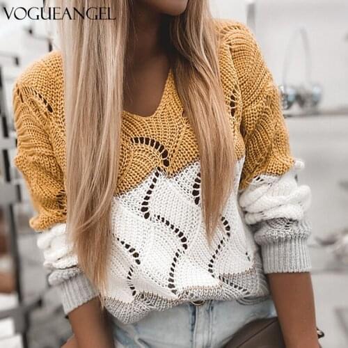 Women Autumn kintted sweater sexy V neck patchwork Striped pullovers female half sleeve hollow out knitwear dropshipping