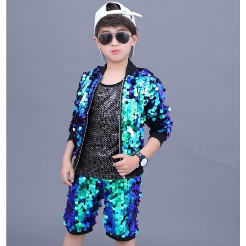 Boys Street Dance Clothing Hip Hop Costume Sequin Tops Coat Shorts Jazz Hip Hop Dancing Show Kids Singer Stage Costume DNV14461