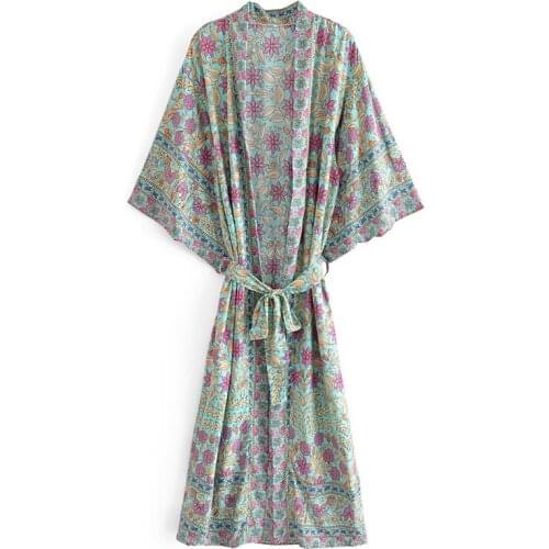 Boho Vintage Batwing Sleeve Floral Printed Long Duster Rayon Cotton Belt Ethnic Style Cover Ups Kimono Jacket Robes Vestidos