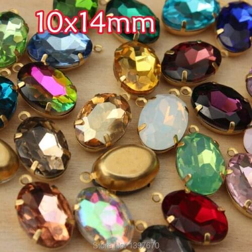 36pc 10x14mm oval glass crystal Vintage Rhinestone single Daggle Beads pendant with gold copper casting connectors