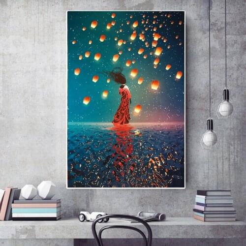 Woman in Dress Lanterns Floating Art Poster and Prints on Canvas Painting High Quality Wall Art Picture for Living Room No Frame